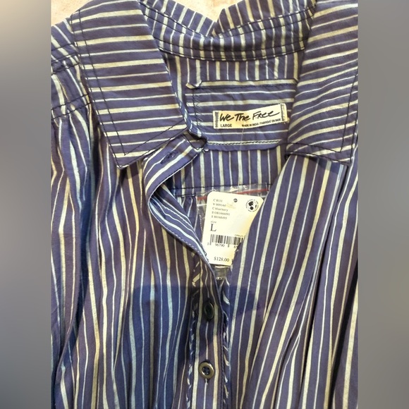Free People We the Free Long Blue Striped Tunic Top Shirt L Collar NWT - Picture 5 of 15